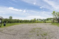 a empty lot on a sunny day with trees and some rocks around it and a green grassy area in the background