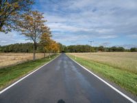 an empty road that runs through the rural countryside in the fall season with a single lane