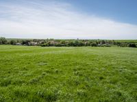 a green pasture field is surrounded by a village and blue sky with clouds overhead in a rural setting