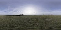 a field with a grassy plain on the far end, and a building under the sun