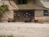 two benches sit in front of a wall covered with ivys and a door with signs