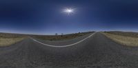 a camera panoramic view of a highway at twilight with a sun above and a road sign on both sides