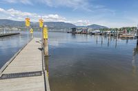 a boat dock on the water with a number of boats in the background and an arrow that indicates not to enter or stop