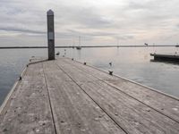 a dock surrounded by wooden boards in the water and birds on the dock nearby to the water