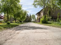 an empty street in the middle of the village with trees lining both sides and houses along the end