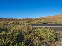 an asphalt road and two cars driving down it with a mountain in the background on the other side