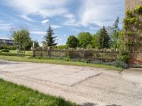 this is an empty street on a sunny day in the suburbs of ontario with trees, grass and a fence