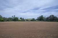 a field with lots of dirt and a large house in the distance there are trees in the foreground