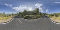 a road view from a fisheye lens with an empty road below the two curves