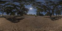 the moon is shining brightly above a field in the afternoon sun, as seen through a 360 - mirror