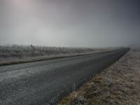 a deserted road on a foggy day in the country side with a fence on one corner and an area that includes dry grass and dead ground