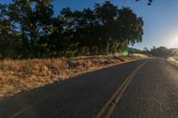 an asphalt road in the evening with the sun setting over it and trees behind it