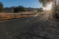 an empty country road with sun shining on the side and trees in front of it