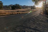 an empty country road with sun shining on the side and trees in front of it