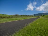 an empty asphalt road going through a pasture with mountains in the distance under a blue cloudy sky