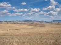 an empty field full of dry grass with clouds in the blue sky above it and hills on the far side