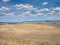 an empty field full of dry grass with clouds in the blue sky above it and hills on the far side