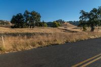 a motorcycle traveling down the road near a rural area with trees on either side of it