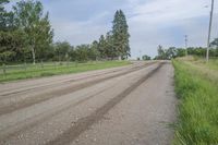 a dirt road near a field with many trees and green grass around it and some tall grass growing
