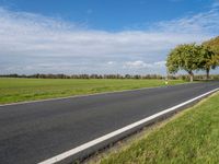 a road in the middle of green grass with trees and blue sky behind it near the roadway