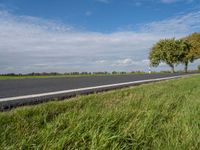 a road in the middle of green grass with trees and blue sky behind it near the roadway