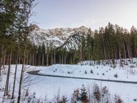 the mountains, snow, and woods are seen here in this image with only a small amount of snow