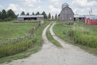 gravel road in front of two farm buildings next to tall grass and trees on the other side of fence and dirt trail