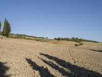 three shadows cast by a person in a field near the sun setting on a hill