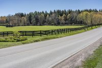 a country road with fence in the middle of it and trees to the side on both sides