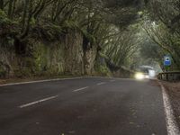 a car driving down a curvy road with trees lining both sides of the road