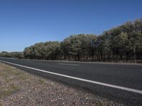 the road is surrounded by trees on both sides of the street, the middle and middle lanes are lined by rocks