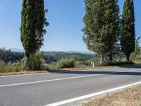 a paved street next to trees on the side of a mountain road with a bench at the end