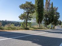 a paved street next to trees on the side of a mountain road with a bench at the end