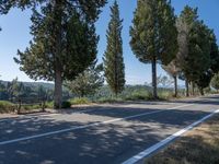 a paved street next to trees on the side of a mountain road with a bench at the end