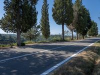 a paved street next to trees on the side of a mountain road with a bench at the end