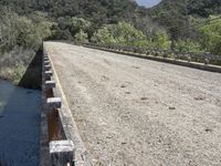 a view from a bridge overlooking trees and a mountain range of hills behind a bridge