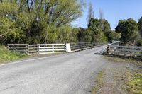 a gate sits on the side of a road next to a wooded area with grass and plants