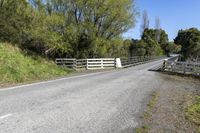 a gate sits on the side of a road next to a wooded area with grass and plants