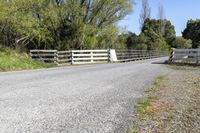 a gate sits on the side of a road next to a wooded area with grass and plants