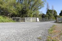 a gate sits on the side of a road next to a wooded area with grass and plants