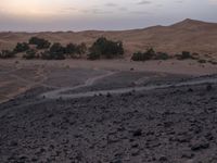 a truck on a dirt road in the desert with rocks and stones on the ground