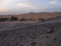 a truck on a dirt road in the desert with rocks and stones on the ground