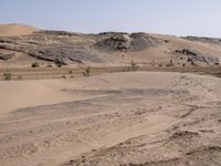 a truck on a dirt road in the desert with rocks and stones on the ground