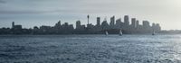 sailboats on the water with city in background at dusktime near dock area with city skyline and bridge