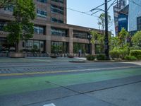 the green paint is painted on a bike path in front of an office building and large, trees