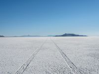 a long track is painted in the middle of a vast empty field with mountains behind it