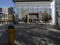 a yellow fire hydrant on the side of a sidewalk in front of a building