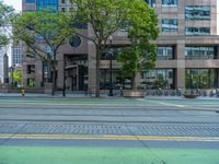 the green paint is painted on a bike path in front of an office building and large, trees