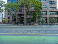 the green paint is painted on a bike path in front of an office building and large, trees