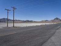 a road with power lines above the side in a desert area, the mountains in the background